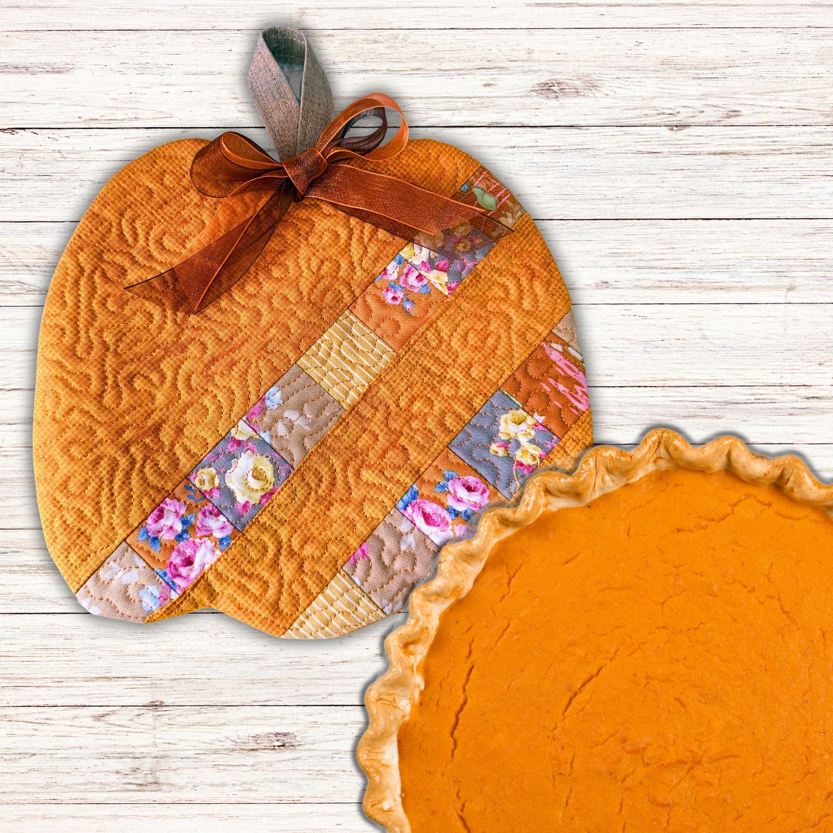 Patchwork pumpkin trivet in the hoop machine embroidery design