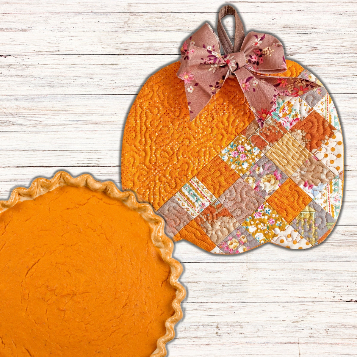 Patchwork pumpkin trivet in the hoop machine embroidery design