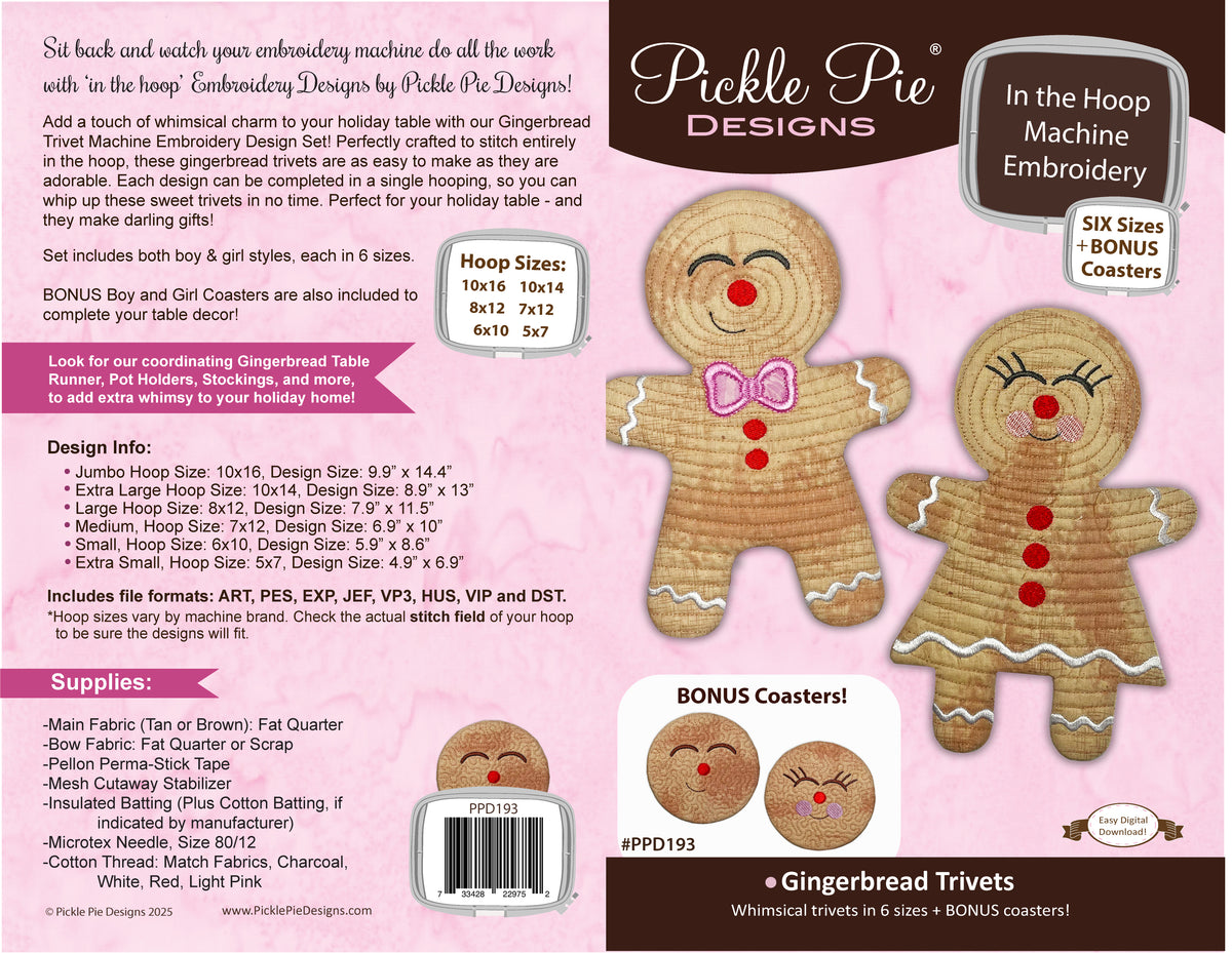 Dealer Only - Gingerbread Trivets &amp; BONUS Coasters In the Hoop Machine Embroidery Design Set