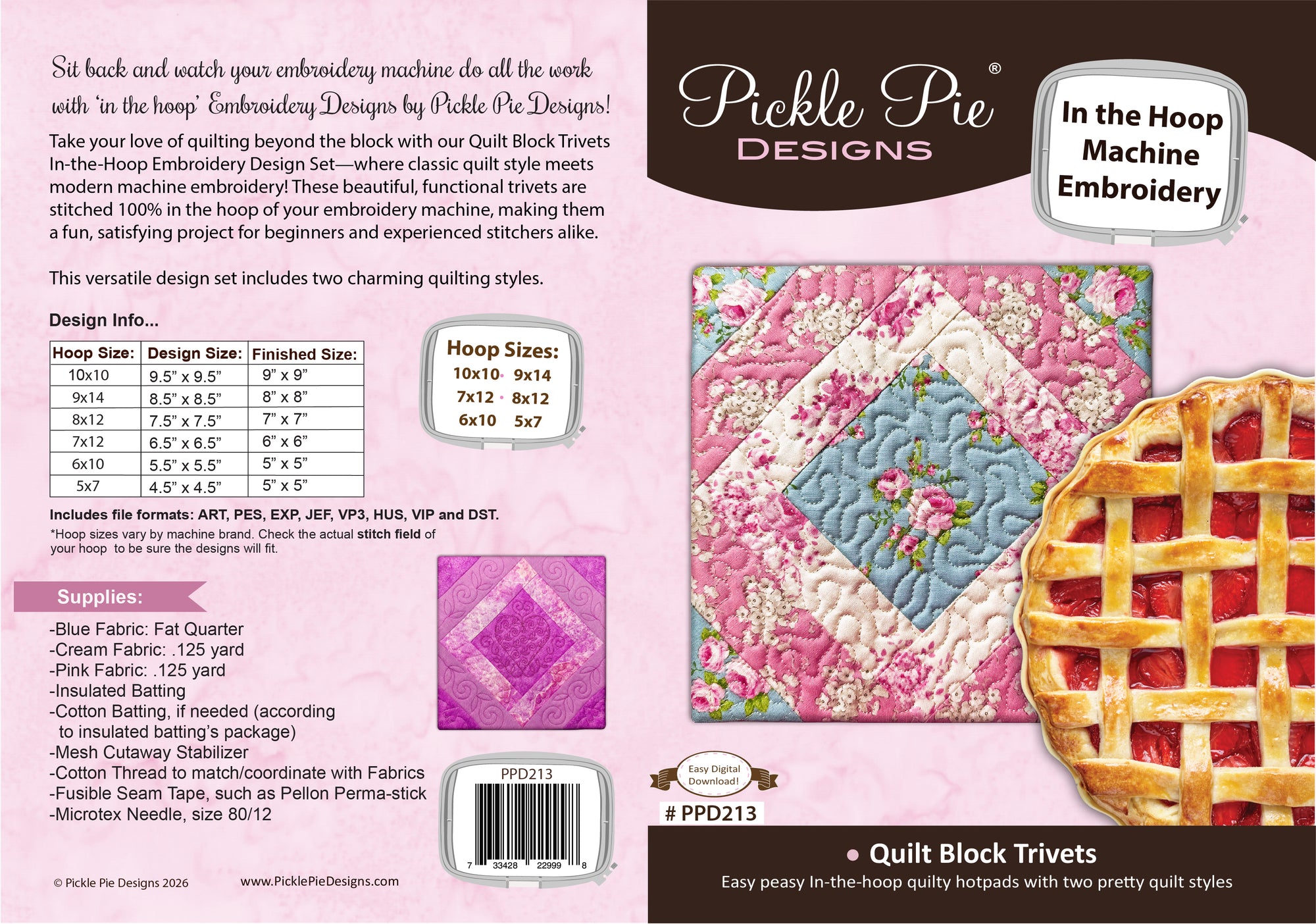 Dealer Only Quilt Block Trivets In the Hoop Machine Embroidery Designs
