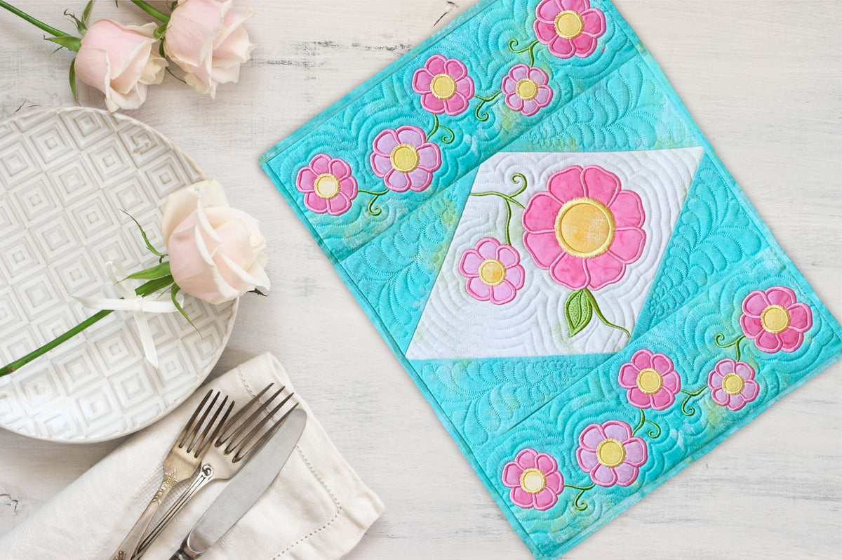 Dealer Only: Brilliant Blooms Quilt Table Runner In-the-Hoop Embroidery Design