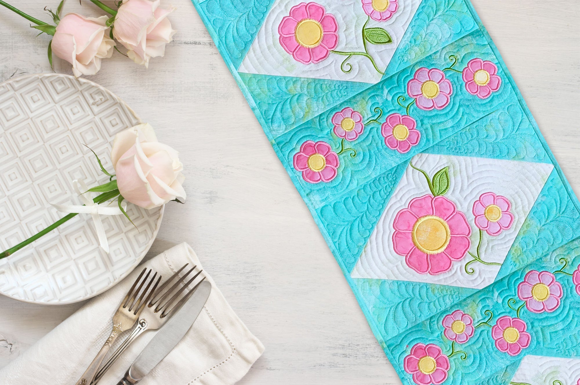 Dealer Only: Brilliant Blooms Quilt Table Runner In-the-Hoop Embroidery Design