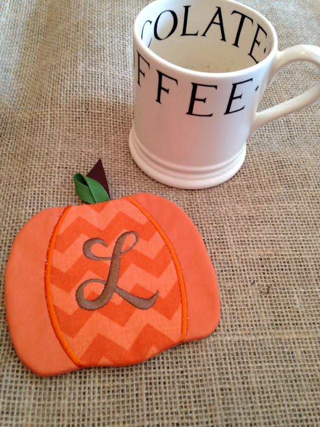 Monogrammed pumpkin coasters in the hoop machine embroidery design