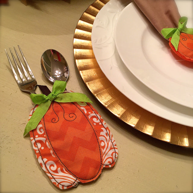 Thanksgiving pumpkin in the hoop embroidery flatware holder