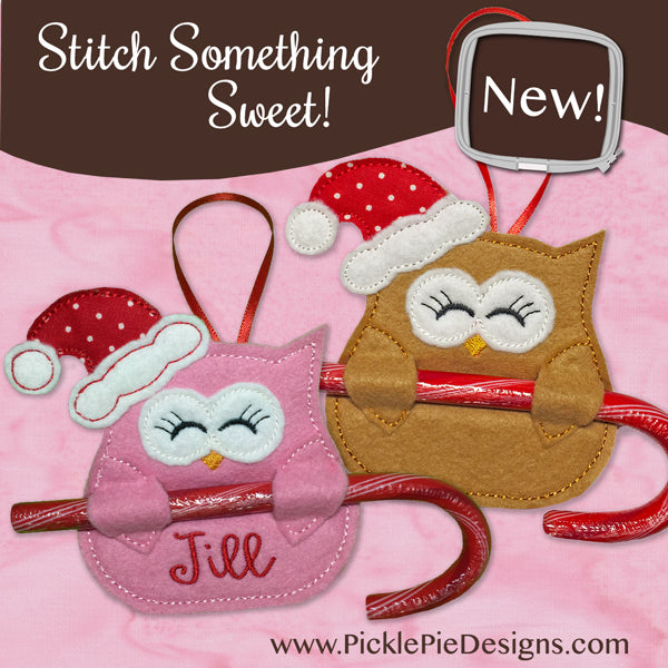 Santa Owl Candy Cane Holders In the Hoop Embroidery Designs